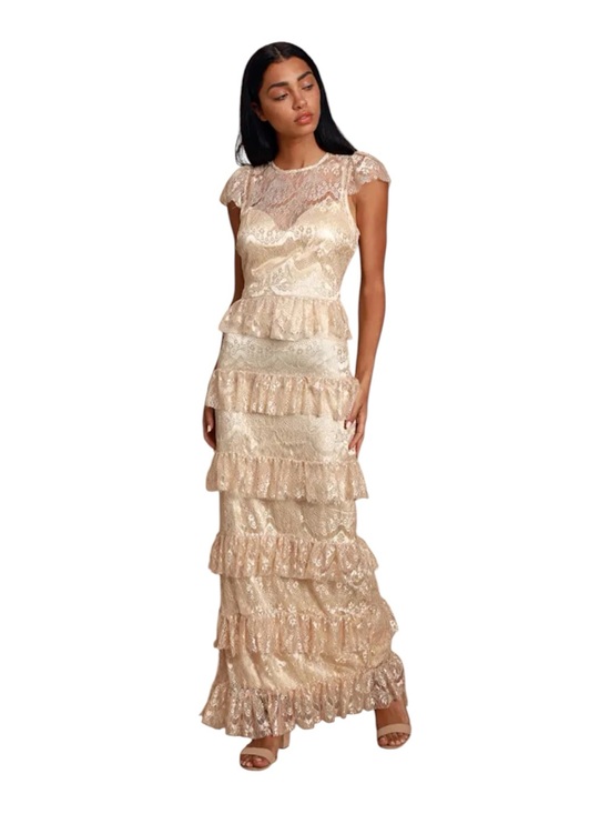 Lulus Dresses & Skirts - NWT Lulu's Champagne Lace Tiered Maxi Dress Sz M Back Slit | NWT